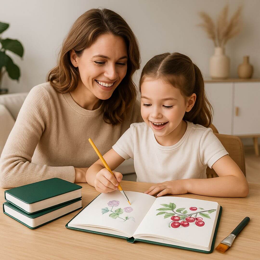 Une fille qui dessine sur le Cahier de dessin avec sa maman