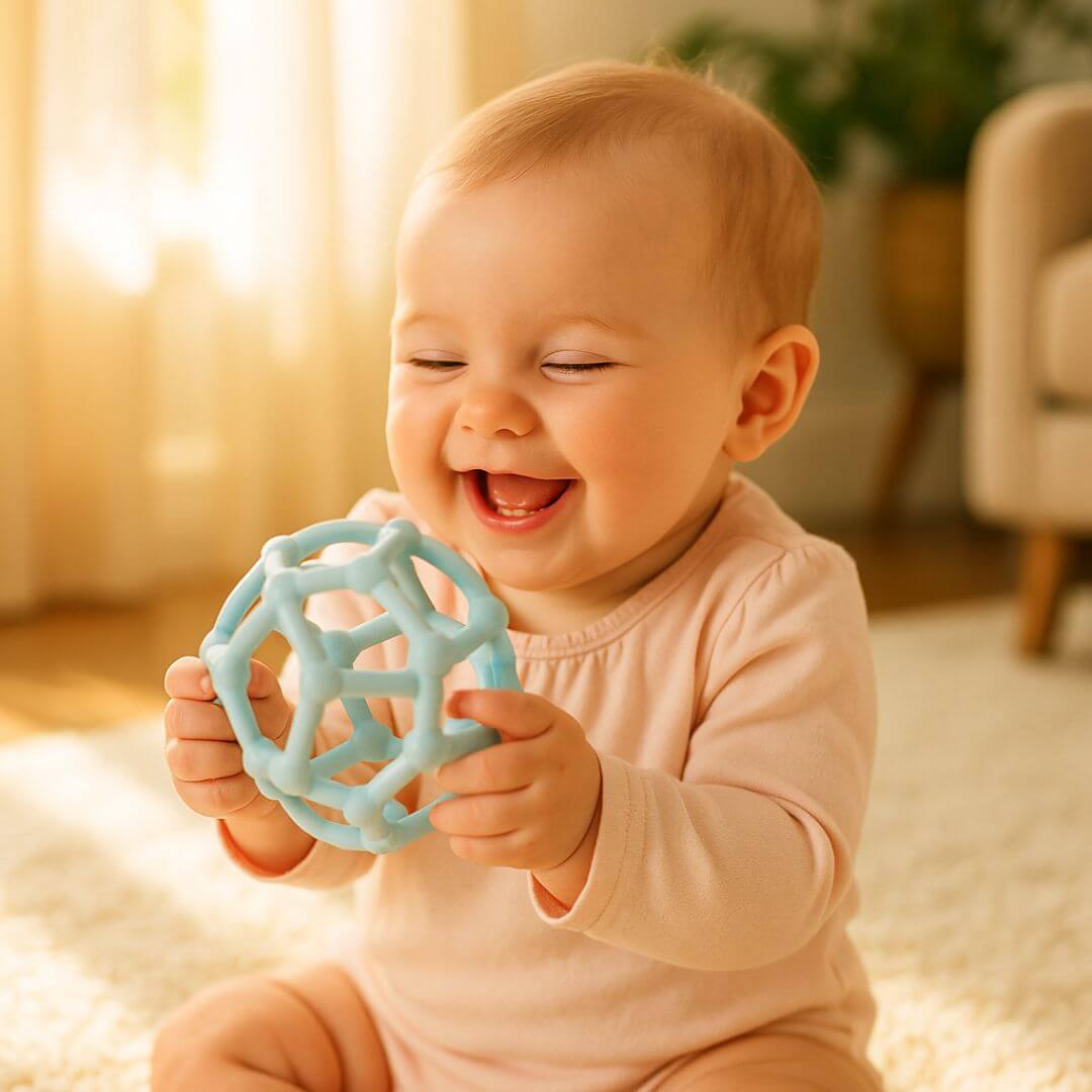 Une petite fille qui joue avec le Hochet pour bebe – maille en silicone