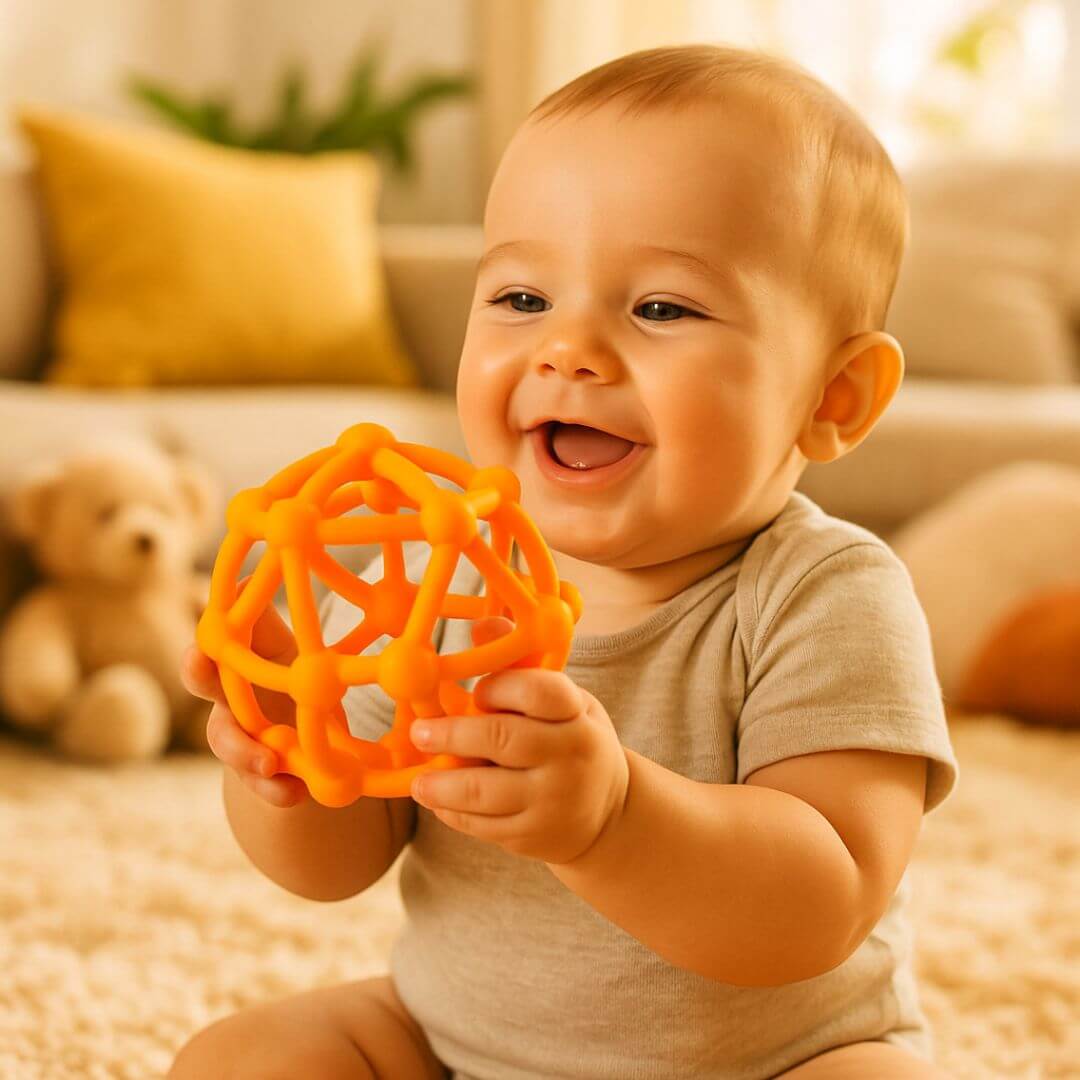 Un bébé qui joue avec le Hochet pour bebe – maille en silicone
