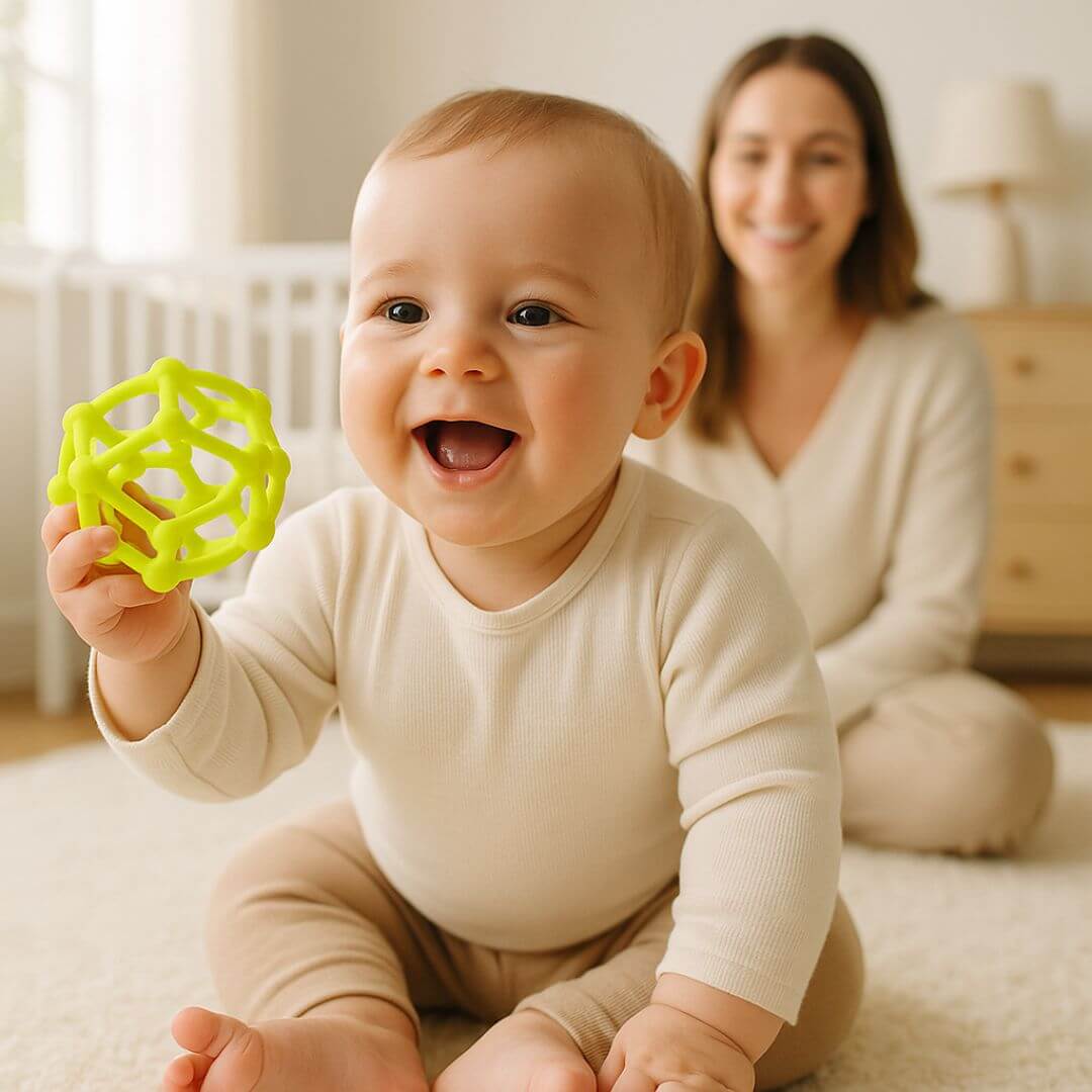 Un petit garçon qui joue avec le Hochet pour bebe – maille en silicone