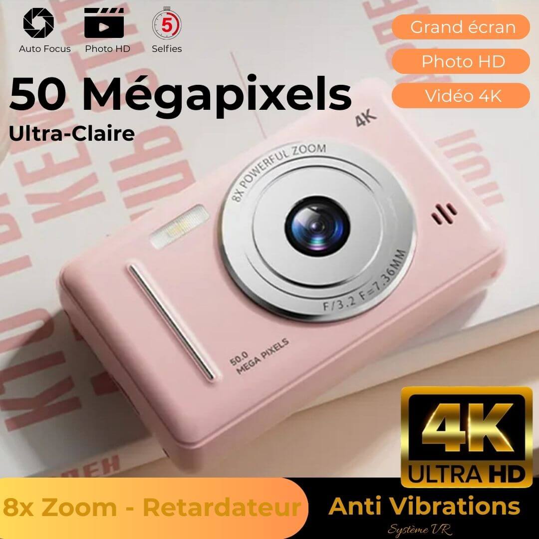 Appareil photo enfant - 4K Rose 64 Go 50 mégapixels