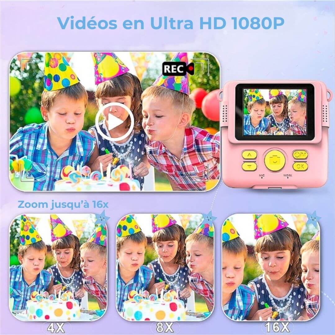 Appareil photo enfant instantané avec vidéo HD et zoom