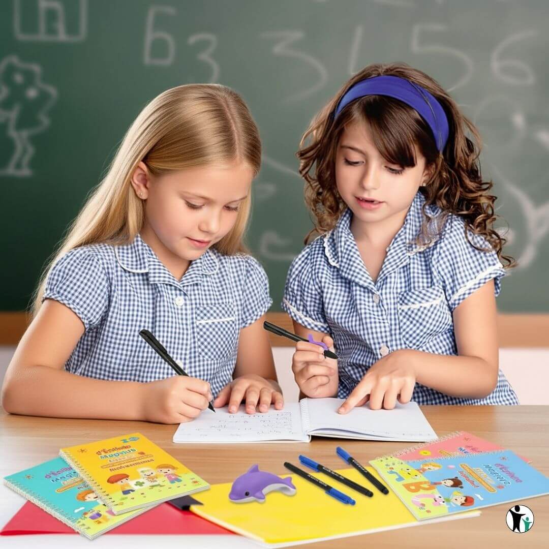 Deux filles qui travaillent en groupe avec le Cahier d'écriture magique - Copybook™