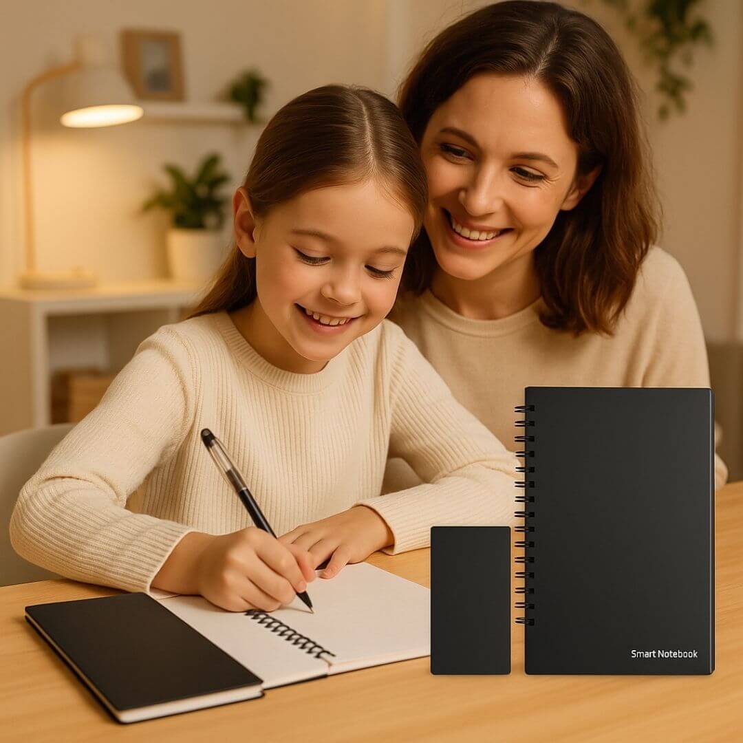 Une maman heureuse avec sa fille qui utilise le Cahier de Note réutilisable