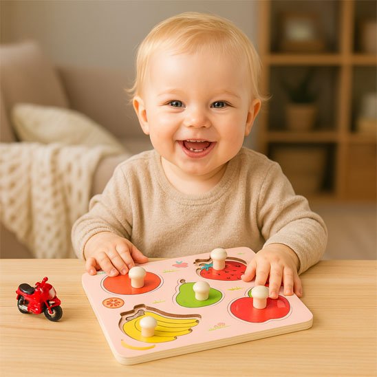 Un enfant heureux qui joue avec le Puzzle bebe Fruits Montessori