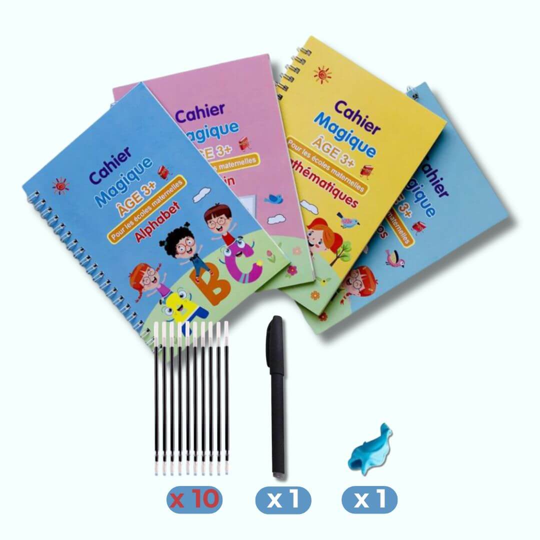 Le pack Cahier d'écriture maternelle avec 10 recharge d'encre, un stylo et un porte-stylo