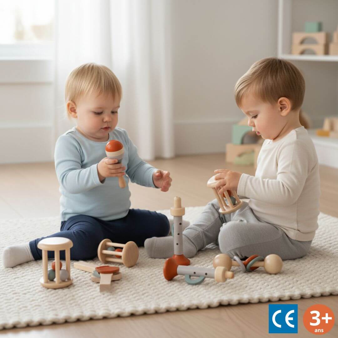 Deux enfants qui jouent avec le Set de musique 5 pièces -  idée cadeau 3 ans