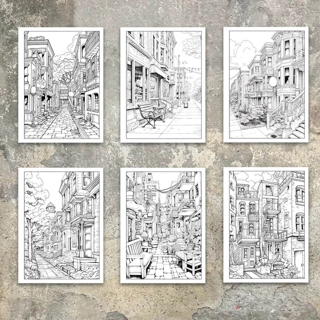 Aperçu de scènes de rues vintage du livre de coloriage rétro Le Retro 70s™