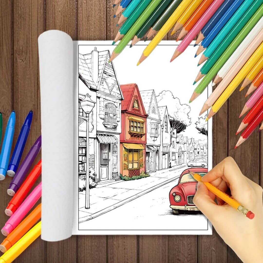 Page de livre de coloriage rétro avec rue aux façades anciennes à colorier